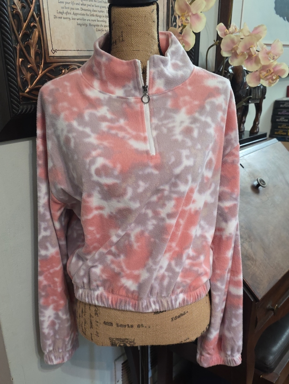SO Coral and White Tie-Dye Half Zip Pullover